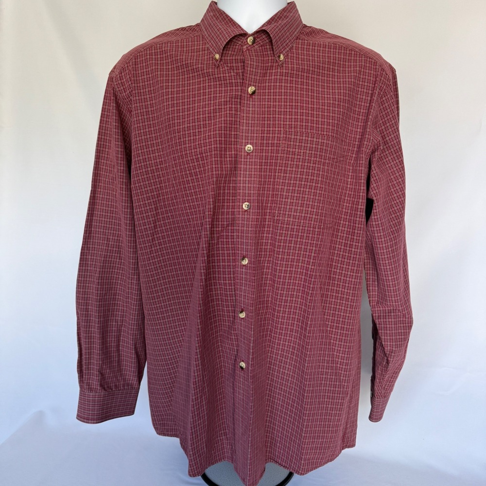 LL Bean Mens Red Grey Micro Plaid Long Sleeve Button Down Shirt Large Regular